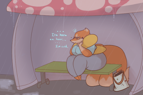 A floatzel sits at a bus stop during a storm, as a meinshao seems to be cleaning up some crime she j