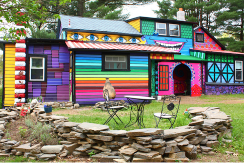 archiemcphee:Artist Kat O’Sullivan, aka Katwise, (along with help from her partner Mason Brown and their friends) transformed a dilapidated 19th century farmhouse in the woods near the hamlet of High Falls, New York into a technicolor dream house. Both