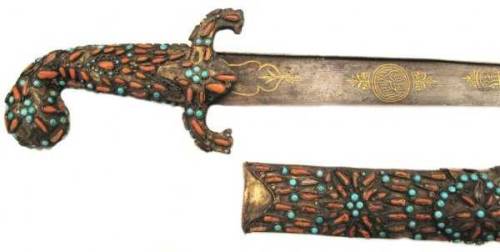 Turkish kilij saber with matching khanjar dagger, decorated with turquoise, red coral, and gold inla