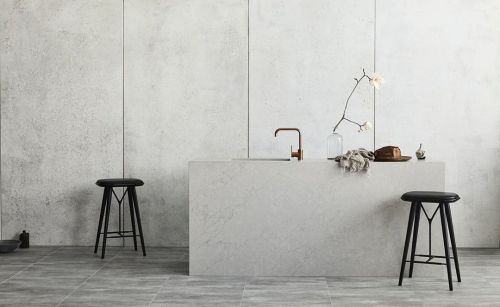 #newwork Love how this stone counter plays against a concrete wall. Stunning kitchen inspiration. Cl