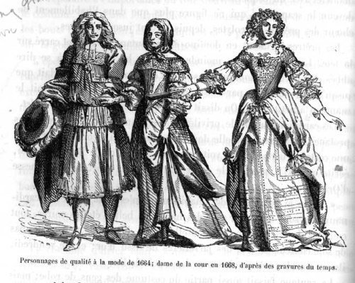 &ldquo;Personanages de qualite a la mode de 1664&rdquo; on the left and &ldquo;Dame de la cour en 16