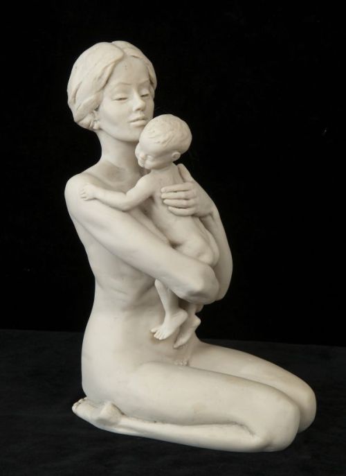 A sculpture titled ‘Kneeling Mother (Naked Mother and Child statue)’ by sculptor Tom Greenshields. In a medium of Resin Marble. #artist#sculpture#sculptor#art#fineart#Tom Greenshields#Resin#Marble#limited edition