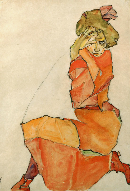 catmota:  Kneeling Female in Orange Dress  (c. 1910) Egon Schiele  this print at