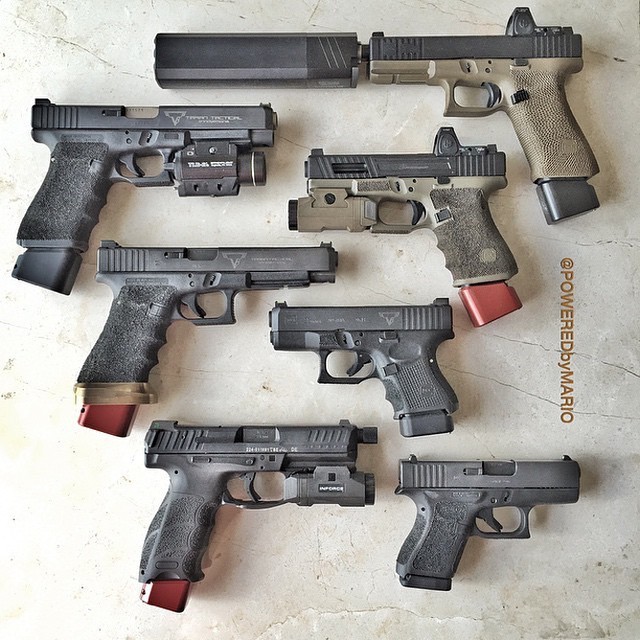 gunsdaily:  By @poweredbymario Current Every Day Carry rotation. Some get carried