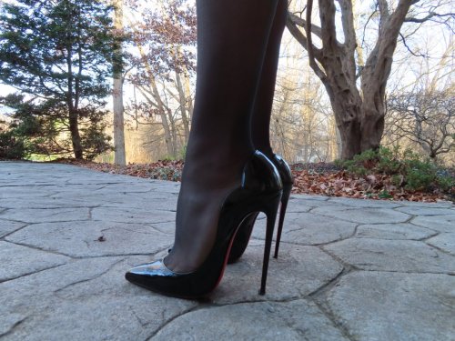 high6969heels: Black Louboutin Hot Chicks 130mm heels with stockings.