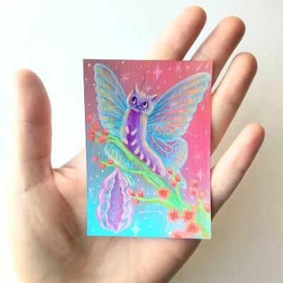 trading card size painting: purple caterpillar with cat face and transparent blue butterfly wings on a neon green branch with orange blossoms. pink shiny chrysalis below, sky is starry and colorful.