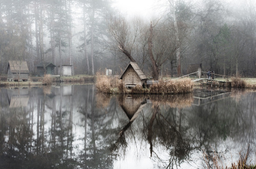 landscape-photo-graphy:Abandoned Fishing Village Outside of Budapest is Perfectly Reflected on the Lake by Viktor Egyed A few miles outside of Budapest lays a small abandoned fishing village composed of rustic huts, tall trees and an obscure atmosphere.