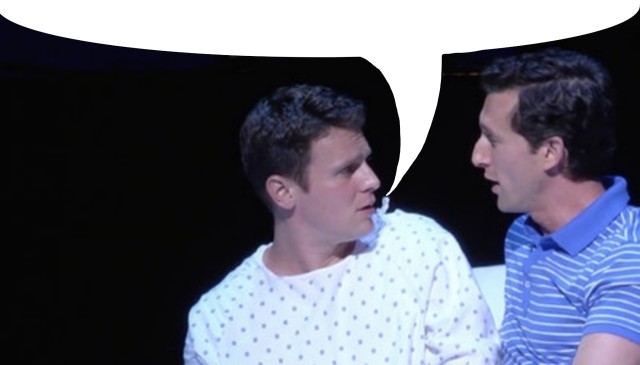 an image of the actor Jonathan Groff as Gordon Michael Schwinn in the revival of the musical 'A New Brain', with a speech bubble edited in, as though he is saying the above text post. 