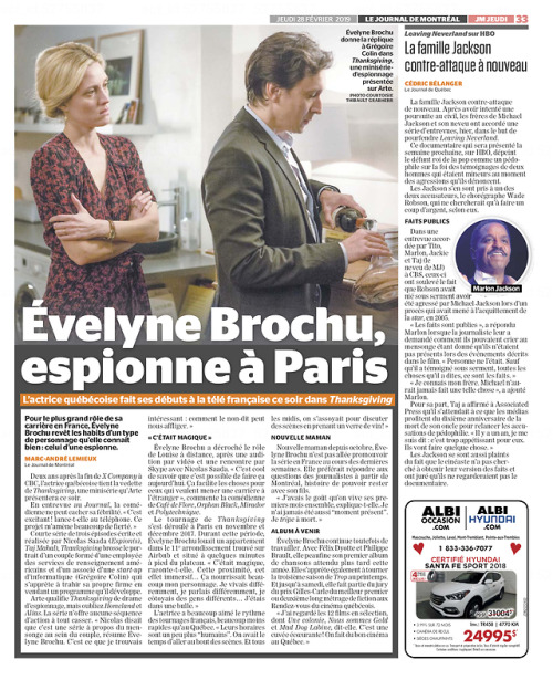 Evelyne Brochu, spy in ParisLe Journal de Montréal - February 28, 2019The Quebec actress makes her F