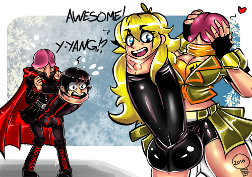 we all know… this bound to happen sooner or later.don’t worry its not nudity, so its okay. :Druby rose and yang xiao long as girldicks. ruby is not that amuse, but yang is taking a liking to it.  you can “she’s cumming along great!” that