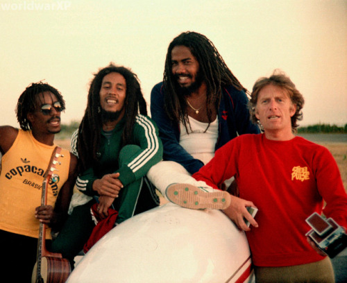 Junior Murvin, Bob Marley, Jacob Miller & Chris Blackwell in Jamacia 1980 just after promotional