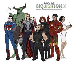 lilyrutherfordblog:  The Avengers : Dragon age (?)  ^▽^I sketched this a while ago (here). Finally I finished it after watching The Avengers 2. It took a freaking long time to clean up and do line works. 7 full bodies and the details that the characters