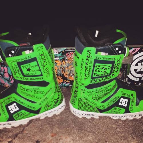 Retired snowboard boots. Why not graffiti the hell out of &lsquo;em? #dcshoeco #snowboarding