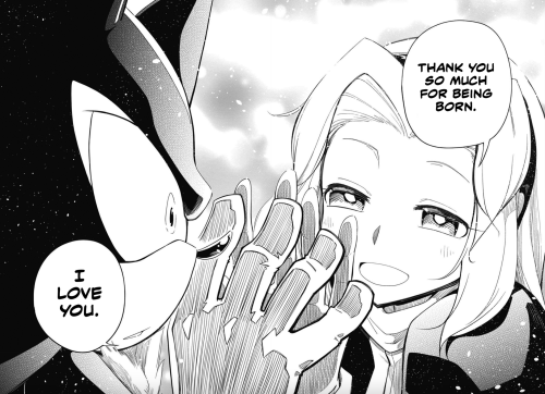 A screencap from an English translation of the second issue of the Shadow manga. Maria puts her hand against the glass on Shadow's escape pod as she dies, smiling and saying, "Thank you so much for being born. I love you."