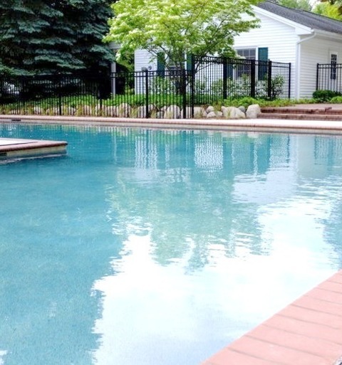 Contemporary Pool In Grand RapidsLarge Modern Backyard Pool House Design With L-shaped Design And Stones.