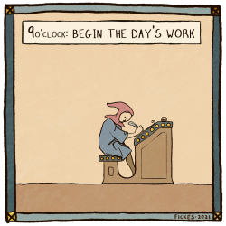 fickes:haha, morning routines amiright[ID: a 4-page comic in illuminated manuscript