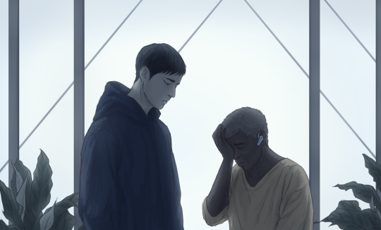 ID: a drawing of a scene of Murderbot and Mensah from the Home short story. They are backlit by pale blue-grey light, and are standing in front of open sliding glass doors, framed by pot plants on both sides. Murderbot is looking down at Mensah with an expression of soft concern on its face; it has short black hair, light brown skin, and is wearing a navy blue hooded jacket. Mensah’s expression is distressed as she wipes tears from her face with one hand; she has very short light brown hair, dark brown skin, and is wearing a flowy yellow shirt and a silver feed interface. End ID.