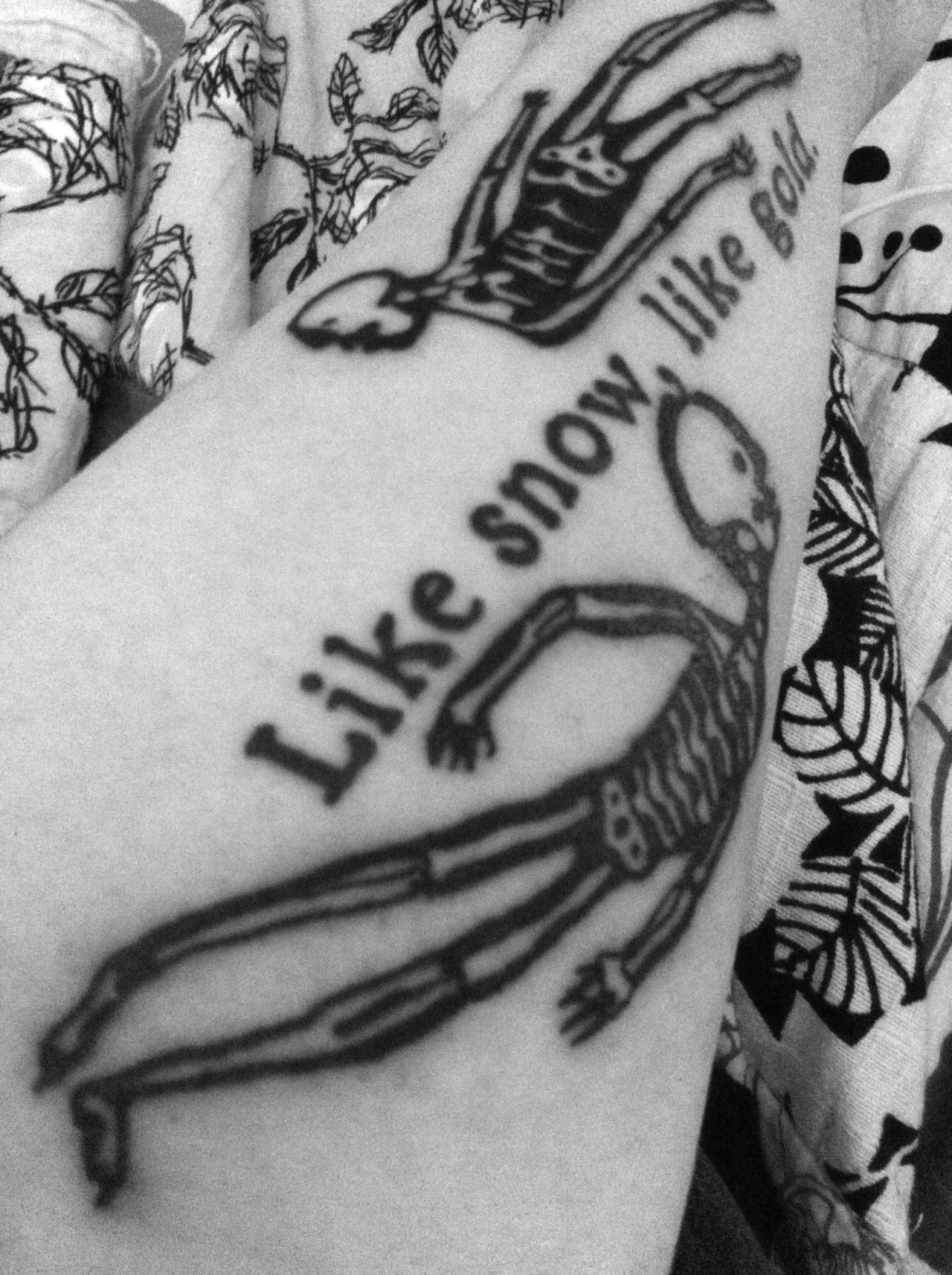 My Bright Eyes “Every Day and Every Night” skeletons and lyrics from “No Lies, Just Love."
Freshly done by Capone at Emerald City Tattoo in Greensboro, NC.
The text was done by Ray at Blue Flame Tattoo in Raleigh, NC.