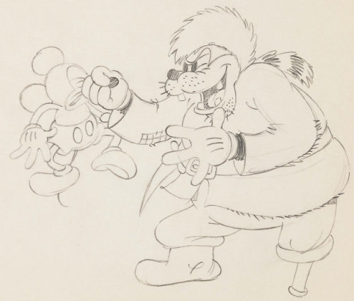 Animation drawing of Mickey Mouse and Pete from The Klondike Kid (1932).