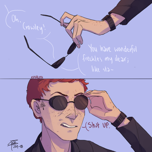 glorfy-the-bright-haired-ellon: ‘lol what if Crowley had freckles that were stars in his skin 