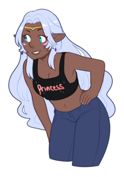 crwnly:  hey its 12:30 at night so here’s allura wearing a croptop and jeans because that’s the aesthetic amirite. she’d be so glad to have a shirt that just straight up let people know what she was. how convenient! she needs 20. 