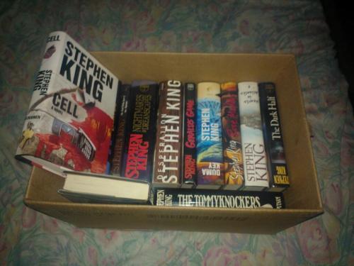 k so i bought 12 Stephen King books at a flea market what am i doing with my life.  I got: -Cell -Needful Things -The Girl Who Loved Tom Gordon -Nightmares & Dreamscapes -Dolores Claiborne -Desperation -Gerald’s Game -Duma Key -Rose Madder