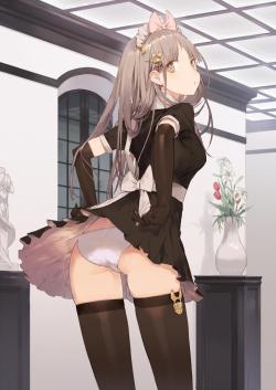 mashiro:  original, takekono, high res, 1girl, ass, black legwear, bow, brown eyes, brown hair, dress, elbow gloves, flower, from behind, gloves, hair bow, hair ornament, lily (flower), long hair, looking back, maid, maid headdress, pantsu, solo, statue,