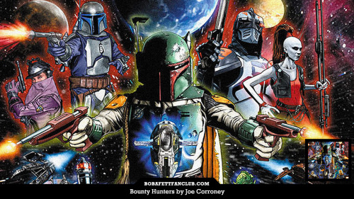 #TriviaTuesday: Can you identify #BobaFett&rsquo;s two side blasters in this artwork by Joe Corroney