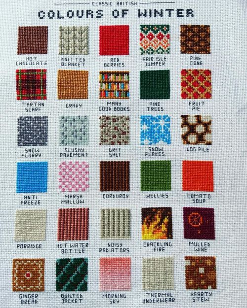 somediyprojects:Colours of Winter stitched by Vicky. Pattern designed by Emma Congdon, featured in i