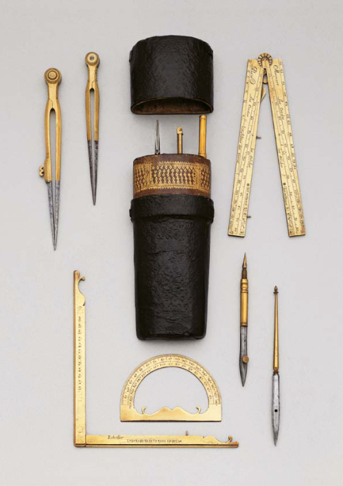 design-is-fine:Drawing set, 1730. Brass and steel, shagreen. Paris. Koller auctions