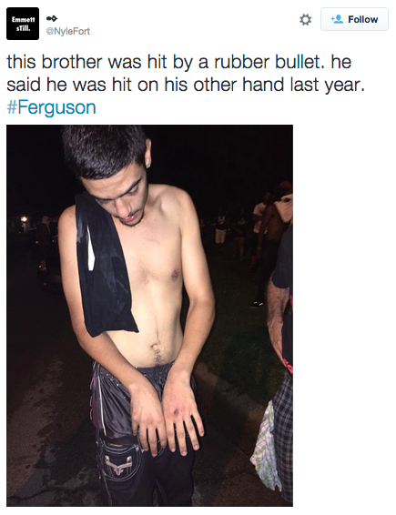 revolutionarykoolaid:  Last Night in Ferguson (8/10/15): In a word, chaos. Shots rang out sometime after 11. Police claim that they were gang-related. A plainclothes officer shot and critically injured 18-year old Tyrone Harris, a friend of Mike Brown’s.