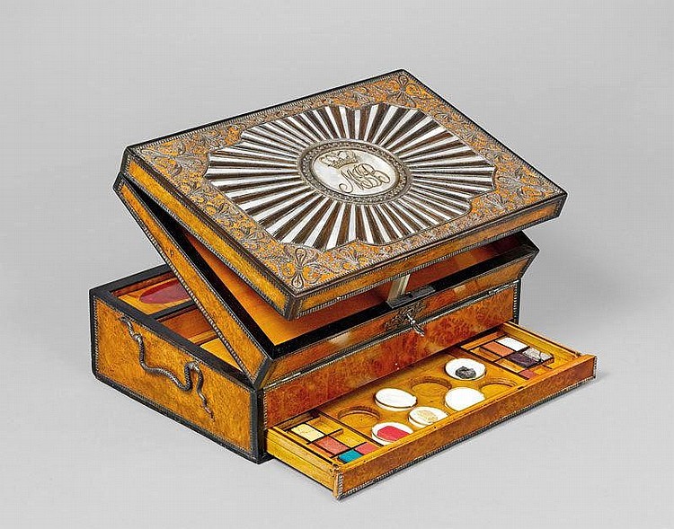 design-is-fine:  Writing / Painting casket, 19th century. Burlwood, mother-of-pearl