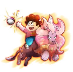 kt245:  I noticed that Lion’s design looked an awful like Pyroars… something about the huge poofy mane. So I combined them! I was going to make Steven look a lot more like Ash, but I like Steven how he is better I guess. You can drag them and send