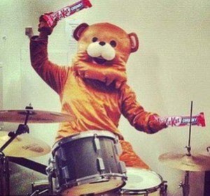 A BEAR PLAYING DRUMS WITH KIT KAT AS DRUMSTICKS
AAAAAAAAAAAAAAAAAAAAAAAAAAAAAAA