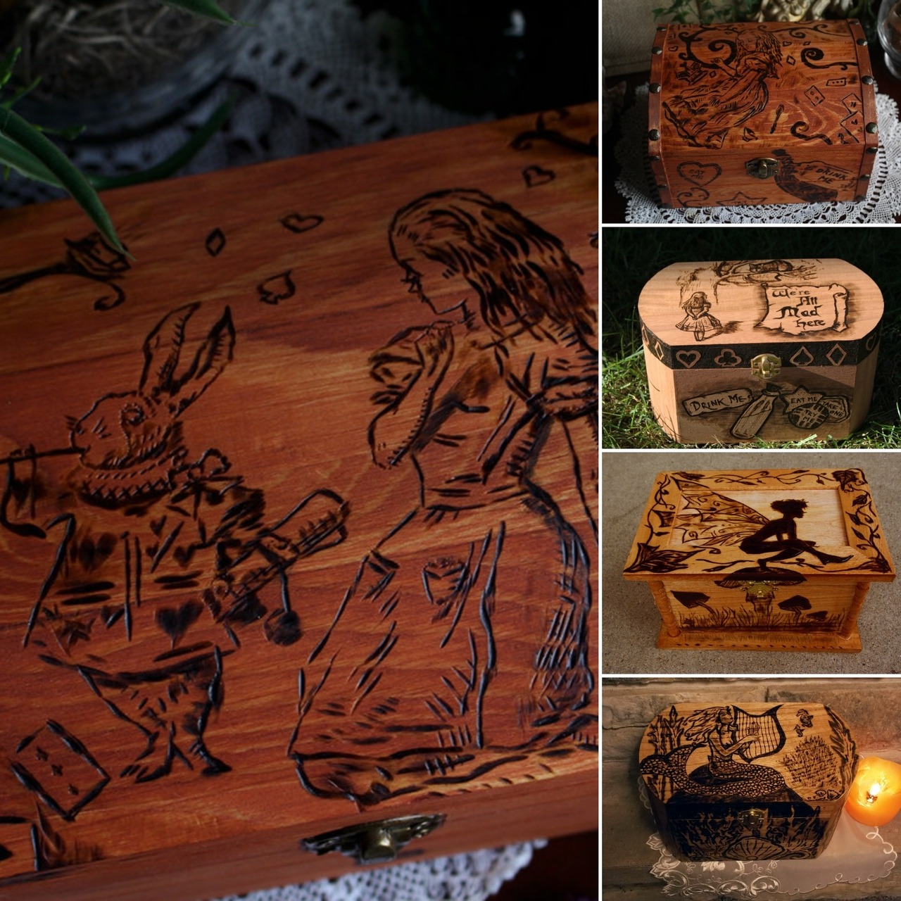 13thmoon:Some woodburned boxes I made for fun over the last few years. It’s been