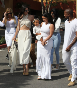 kimkardashianfashionstyle:April 5, 2015 - Kim &amp; Khloe Kardashian, Kendall &amp; Kylie Jenner and Kanye &amp; North West going to church in Calabasas.   