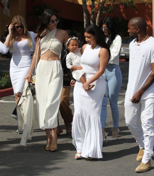 kimkardashianfashionstyle:April 5, 2015 - Kim & Khloe Kardashian, Kendall & Kylie Jenner and Kanye & North West going to church in Calabasas.   