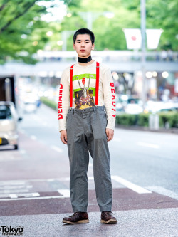 tokyo-fashion:  17-year-old Hikaru on the street in Harajuku wearing a Walter Van Beirendonck x Comme Des Garcons “Demand Beauty” t-shirt, UNIQLO pants with suspenders, Red Wing boots, and a duct tape choker. Full Look