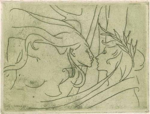 Émile Berchmans (1867-1947), Le baiser. Eau-forte à l’encre verte