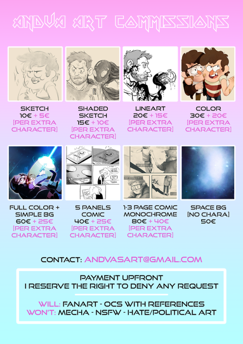 ✦ ART COMMISSIONS ✦Hi folks! I’ve opened my first commissions, as I urgently need money to repair my