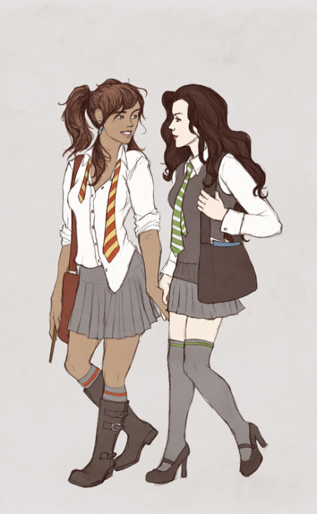 lintrepid: theunsinkable: Femslash February art! Korra/Asami Hogwarts AU. idek Sure!