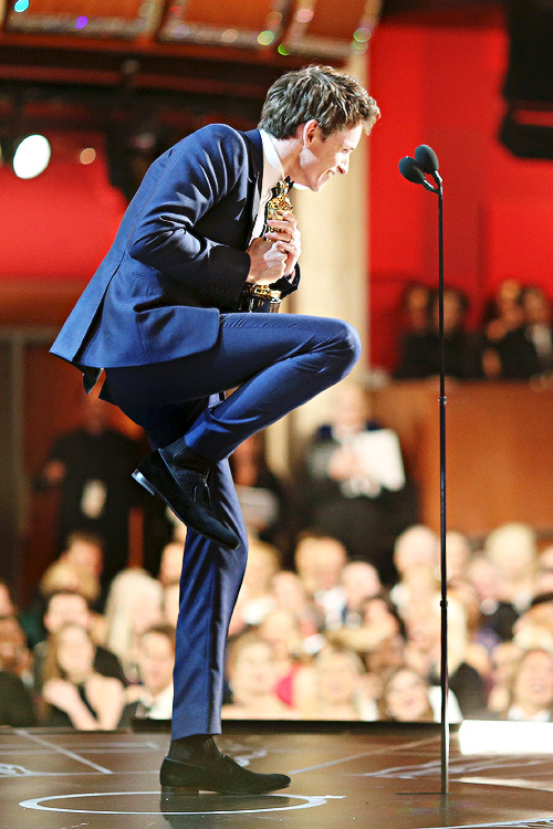 Eddie Redmayne speaks onstage after winning his award for best Actor in a Leading
