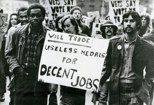 historicaltimes:“Will Trade: Useless Medals For Decent Jobs” Vietnam Veterans Against the War march 