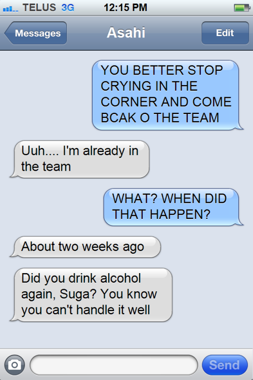 haikyuutexts:       Suga gets pretty violent when he’s drunk, but Daichi knows how to handle him Asahi doesn’t 