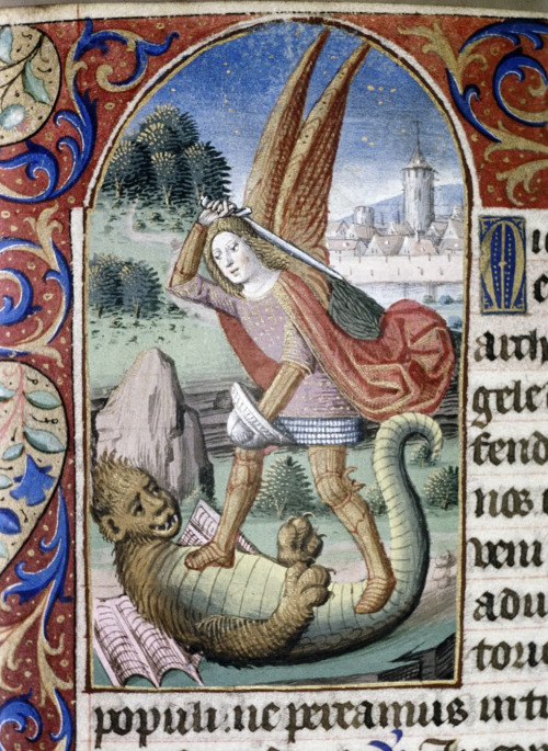 v3l3nomortale:  St. Michael Defeating Devil, French illumination by Maître François, in a Book of Hours dated 1470-1480. The Bodleian Image Library 