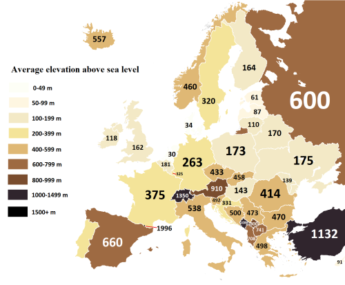 millenovecentoottanta:troppauer-hymer:mapsontheweb:Average elevation above sea level of European cou