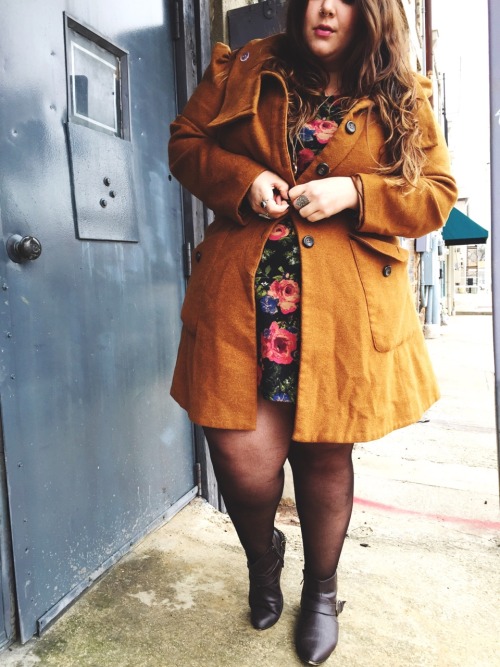 nataliemeansnice:  fats in florals.   outFAT of the day:  burnt orange amazing coat: asoscurve, US 18  floral long sleeve skater dress: forever21, US 3X sheer tights: catherine’s, size C chain booties: forever21, size 8