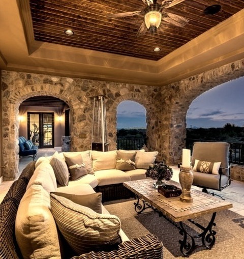 Patio - Roof Extensions Huge Image Of A Stone Patio In A Mountainous Setting, Complete With A Fire Pit