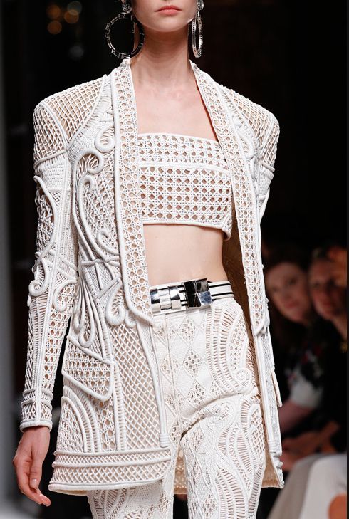 Balmain spring 2013 ready-to-wear (click to enlarge).Padded white raffia on nude tulle, inspired by 