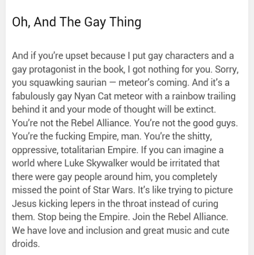 jennyhanivers:  I just wanted all these things in one place and I want to thank each of these people involved in Star Wars (Chuck Wendig, Carrie Fisher, Rian Johnson, and Mark Hamill) for their support of LGBT+ fans. Their love and inclusiveness means
